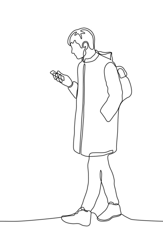 young man in a coat or parka with a backpack walks down the street looking at his phone. one line drawing wearing outerwear vector