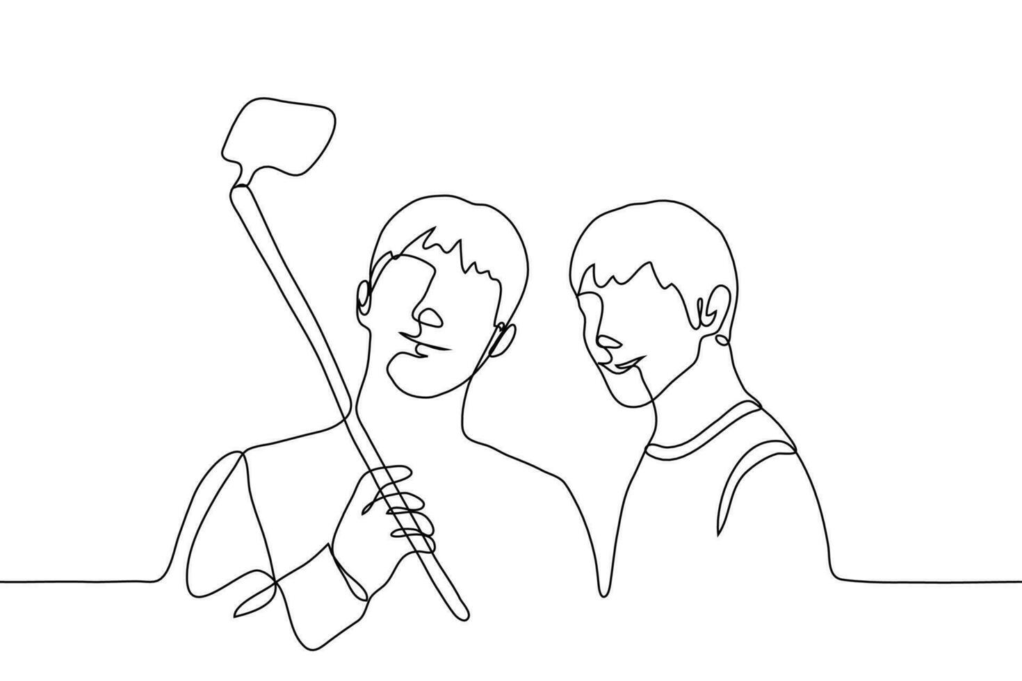 two friends stand side by side and smile, they pose for a photo, one of them holds a selfie stick with a smartphone on which they are taking a photo. One continuous line art vector