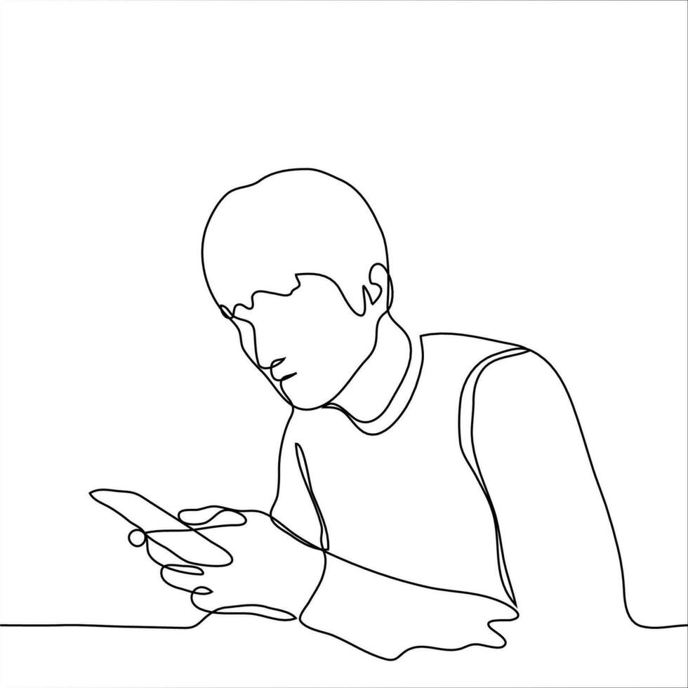 man sits at a table in his hands a phone which he holds with both hands and looks into it. One continuous line art concept of being online, typing message, reading news, checking email, surfing online vector