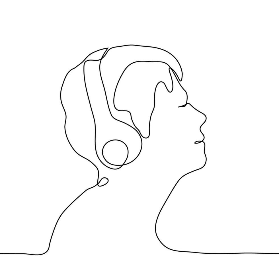 uno continuo línea perfil retrato de un hombre quien cerrado su ojos y disfruta escuchando a música en auriculares. escuchando a música, leyendo un audio libro, terapia con relajante música, audio meditación vector