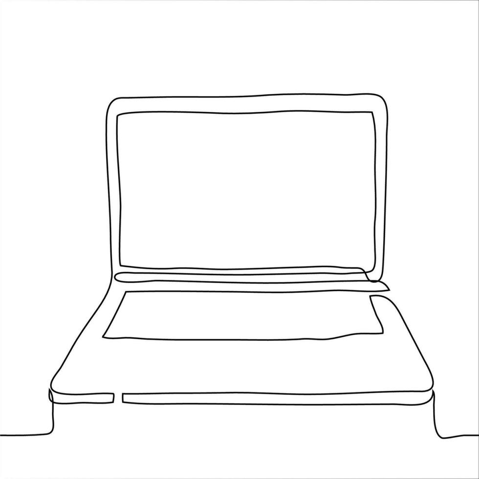 Silhouette of an open laptop ready to work with place for text. It can be used for animation. One continuous line drawing of a working computer. vector
