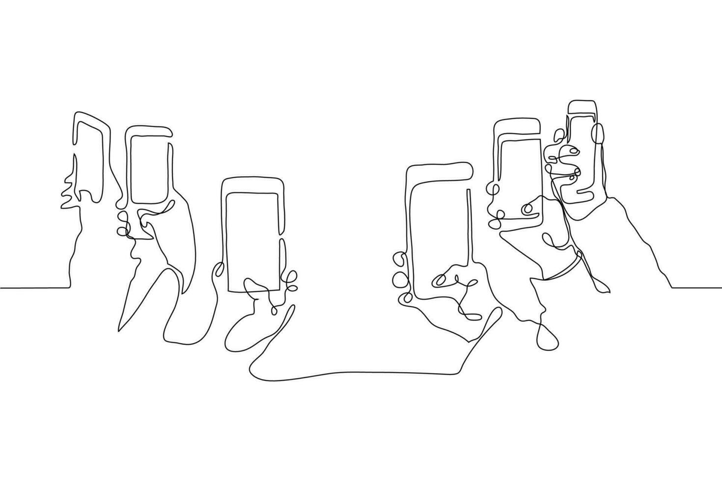 Continuous one line drawing In their hands phones smartphones. Six right hands holding smartphones directed by cameras to an empty center vector