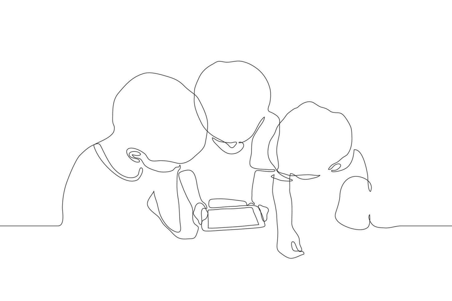 one continuous line drawing of the silhouette of three persons bent over a technical device. Three guys are looking at the tablet screen vector