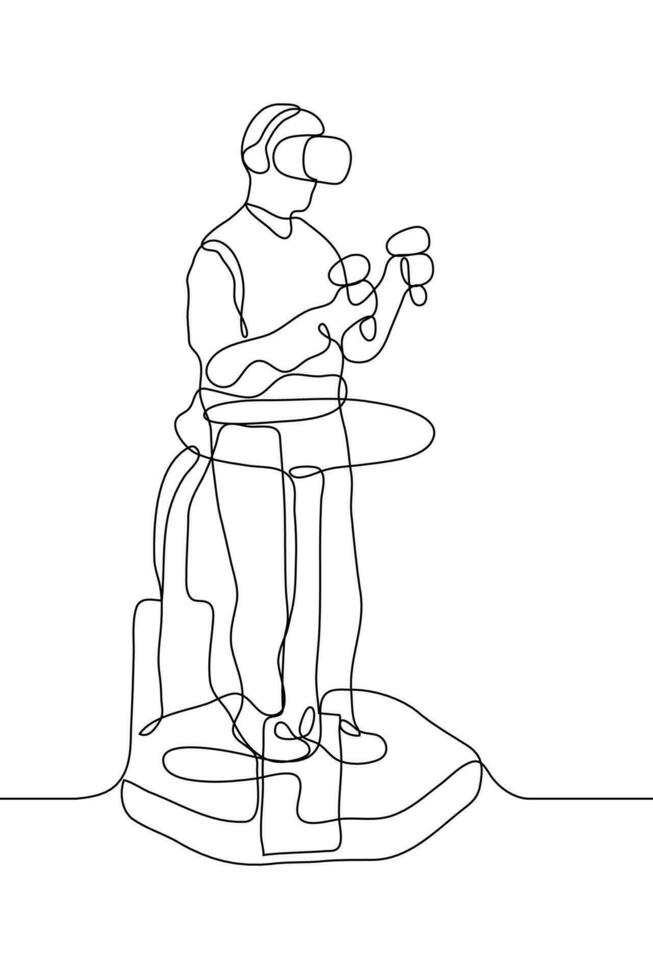 Young man stands on a running platform on it with virtual reality glasses in his hands controllers. The guy is involved in the game from visual projections. Vector one continuous line art