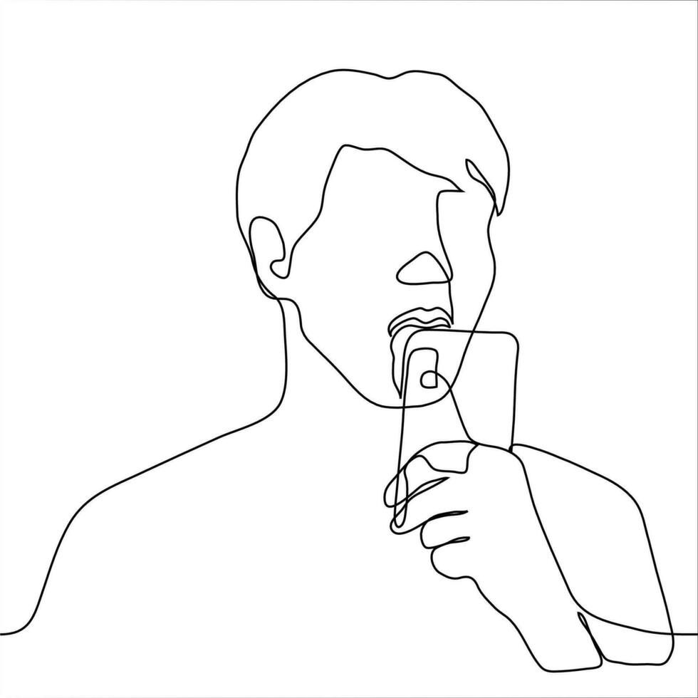 portrait of a man who licks the screen of his smartphone. one continuous line drawing concept user loves content, phone, gadget screen cleaning, internet addiction, mobile phone addiction vector