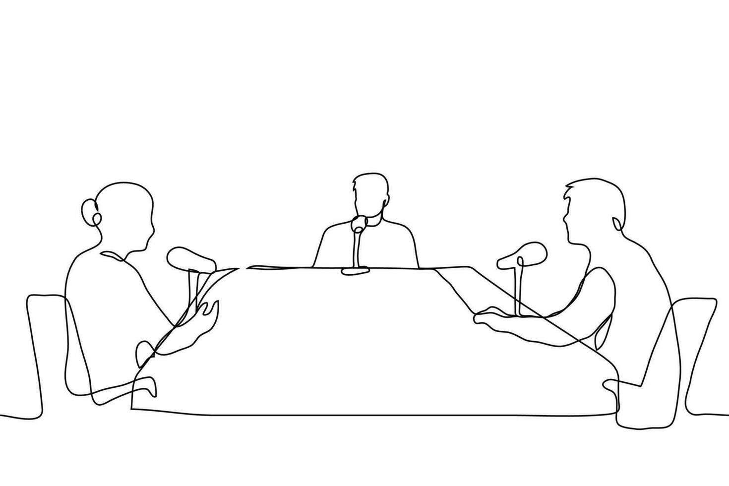 three people are seated in formal attire at a large table, each with a microphone. one line drawing of a man and a woman recording a podcast, interview, radio broadcast vector