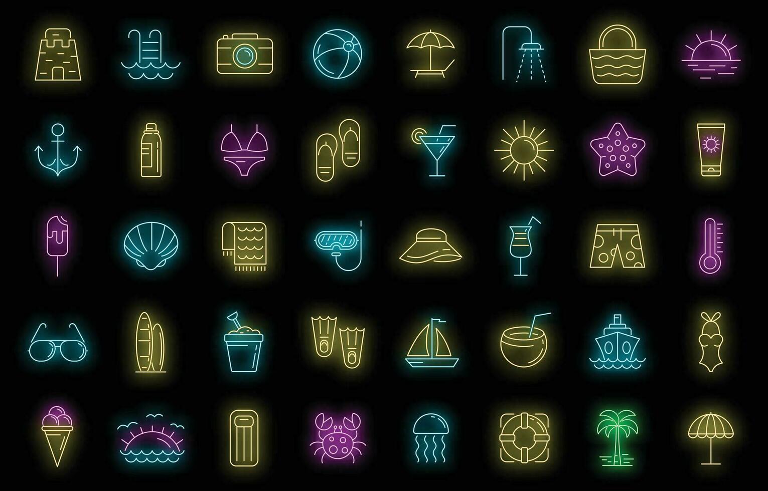 Beach icons set vector neon