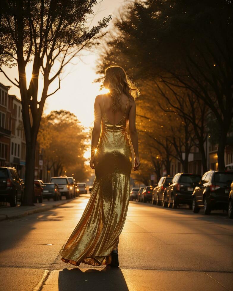 AI generated Beautiful young woman in a long yellow dress walking on the street at sunset. ai generative photo