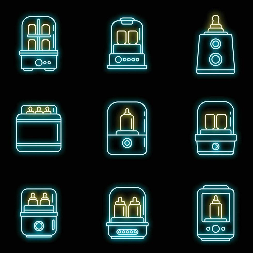 Baby bottle sterilizer icons set vector neon