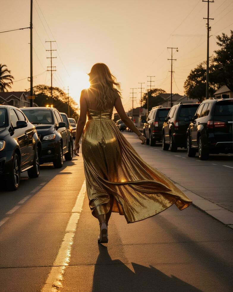 AI generated Beautiful young woman in a long yellow dress walking on the street at sunset. ai generative photo