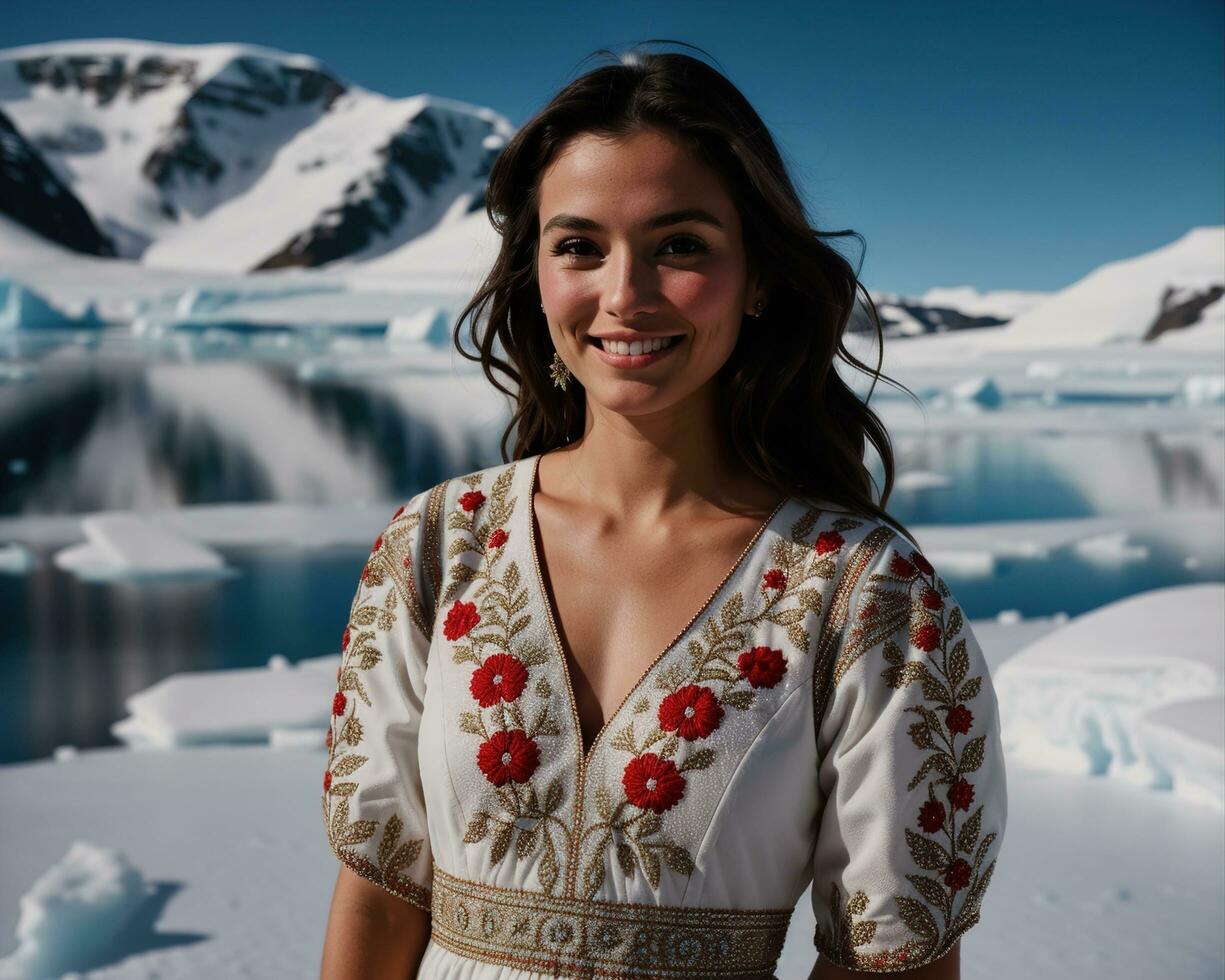 AI generated Portrait of a young woman smiling at camera in front of icebergs. ai generative photo