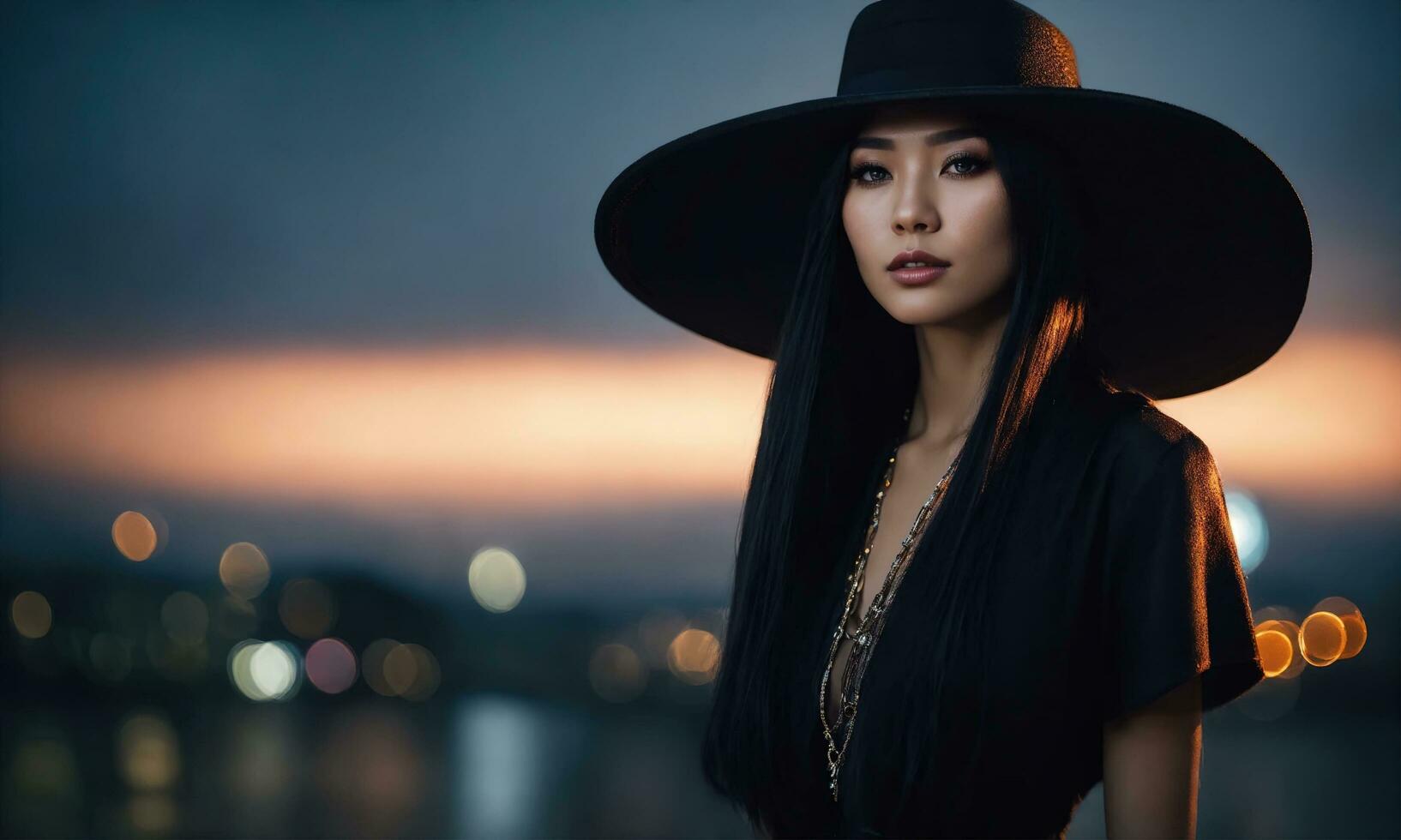 AI generated beautiful woman in hat and leather jacket looking at camera in city. ai generative photo