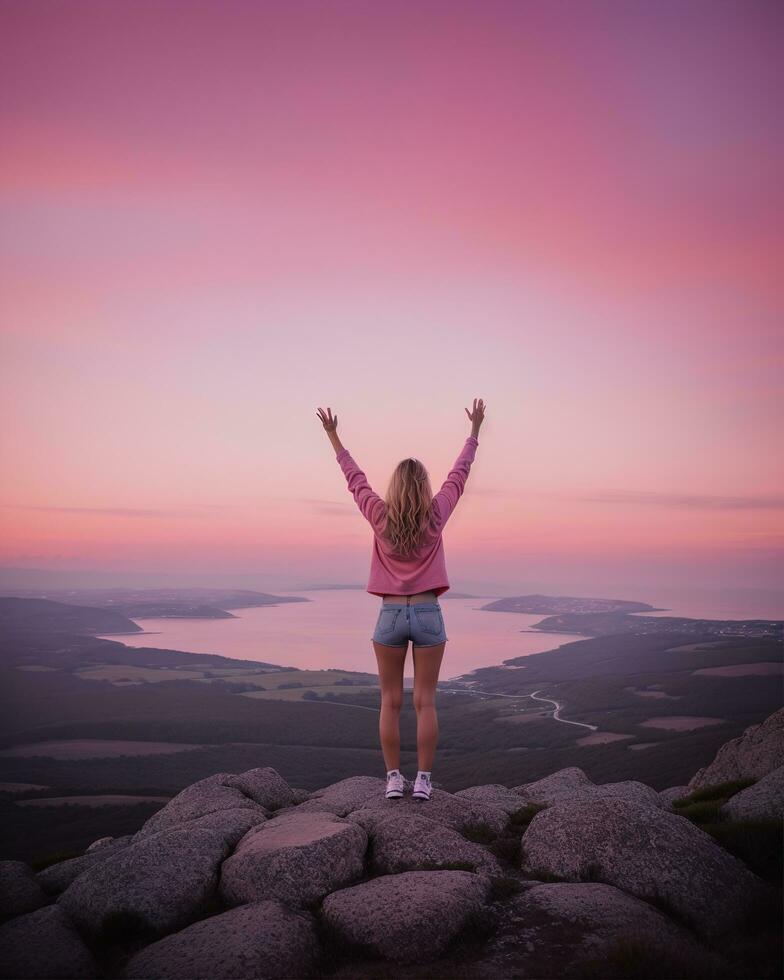 AI generated young woman hiker open arms on top of a mountain at sunrise. ai generative photo