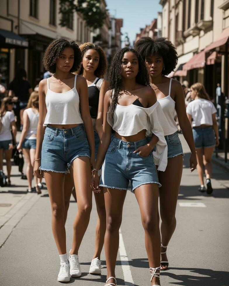 ai generado grupo de joven hermosa africano americano mujer en pantalones pantalones cortos caminando en el ciudad. ai generativo foto