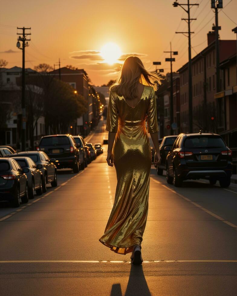 AI generated Beautiful young woman in a long yellow dress walking on the street at sunset. ai generative photo