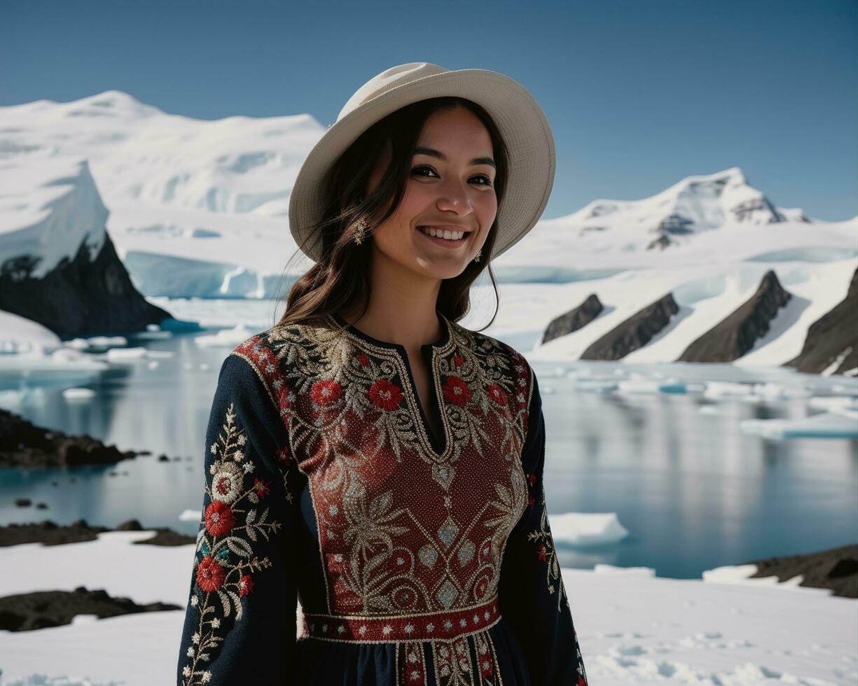 AI generated Portrait of a young woman smiling at camera in front of icebergs. ai generative photo