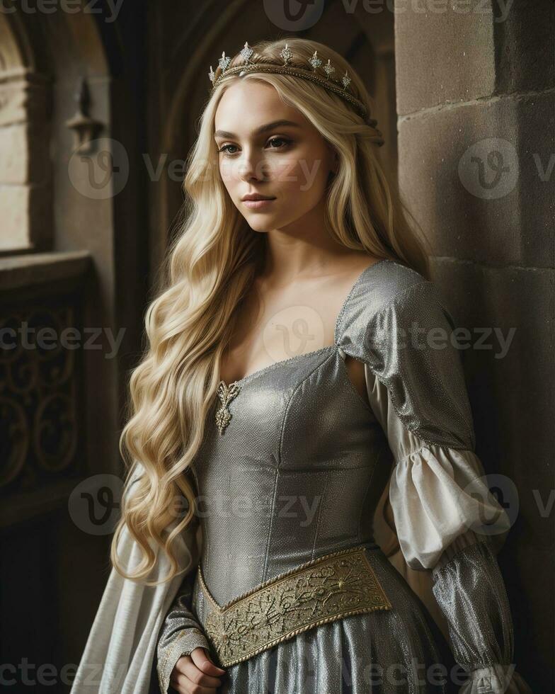 AI generated beautiful women in medieval dresses posing in front of a