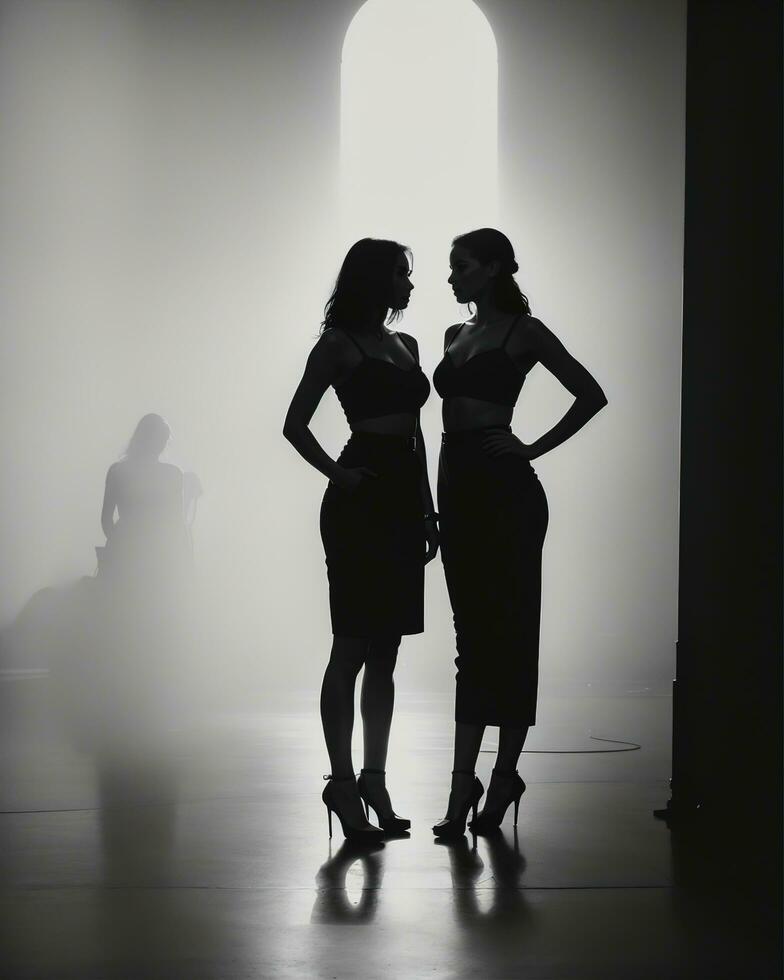 AI generated Silhouette of three women in black and white dresses, studio shot. ai generative photo