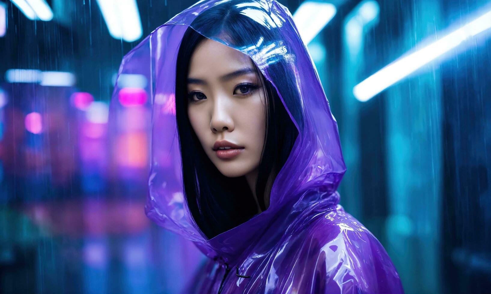 AI generated beautiful asian woman in purple raincoat walking in the city. ai generative photo
