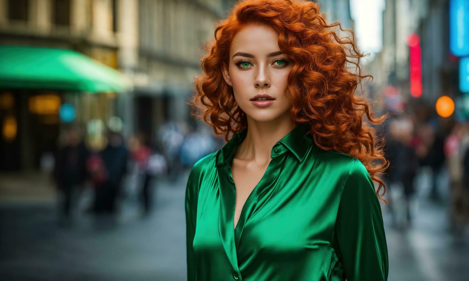 AI generated Beautiful young woman with red curly hair in a green dress in the city at night. ai generative photo