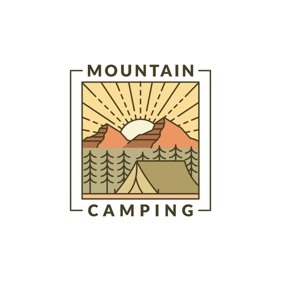mountain morning camping illustration monoline or line art style vector