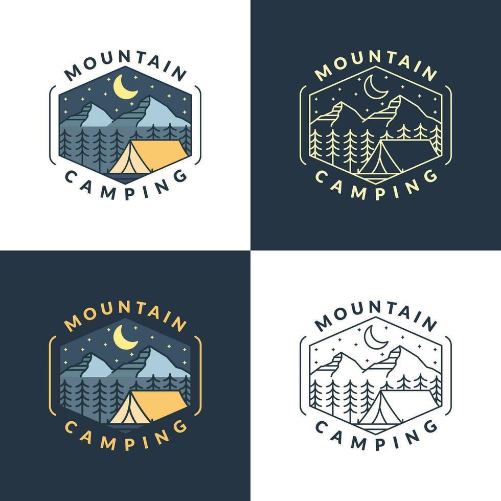 mountain night camping illustration monoline or line art style vector