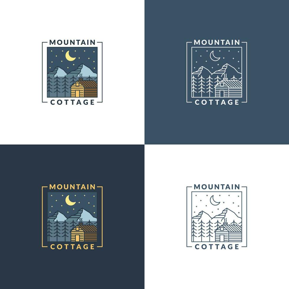 Mountain night and cottage badge vector illustration with monoline or line art style