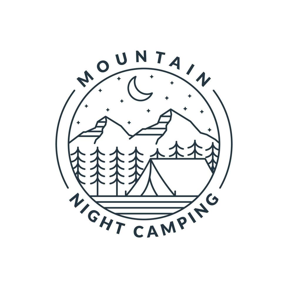 mountain night camping illustration monoline or line art style vector