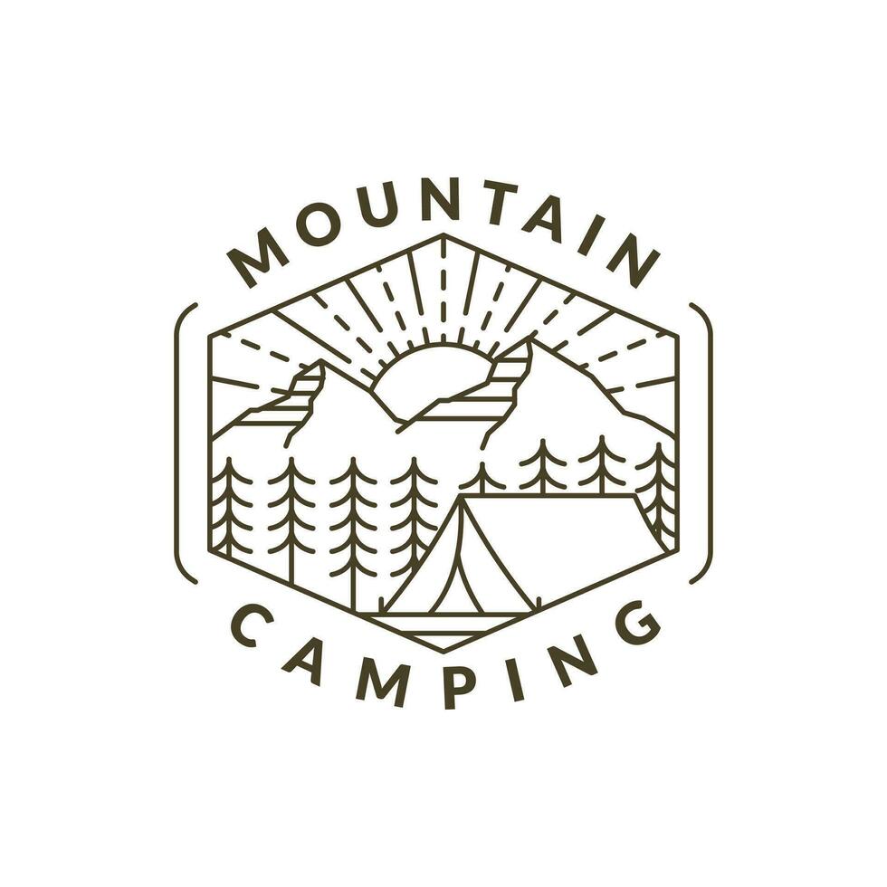mountain morning camping illustration monoline or line art style vector
