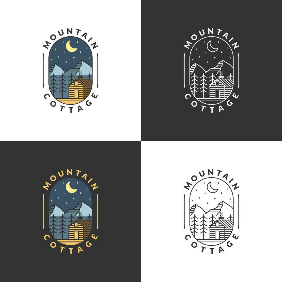 Mountain night and cottage badge vector illustration with monoline or line art style