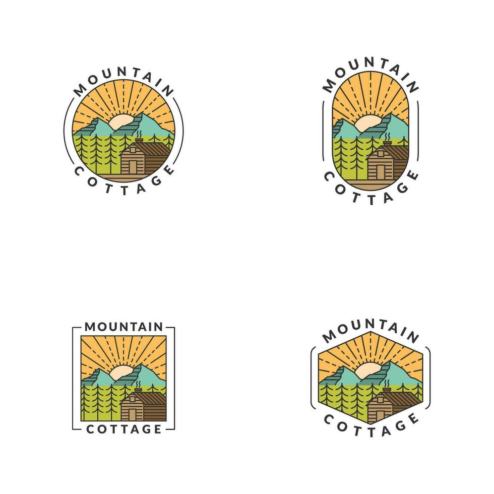 Mountain morning and cottage badge vector illustration with monoline or line art style