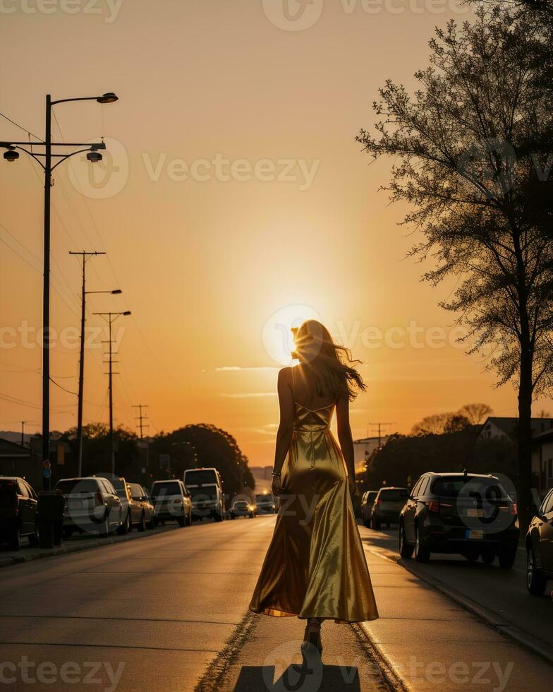 AI generated Beautiful young woman in a long yellow dress walking on the street at sunset. ai generative photo