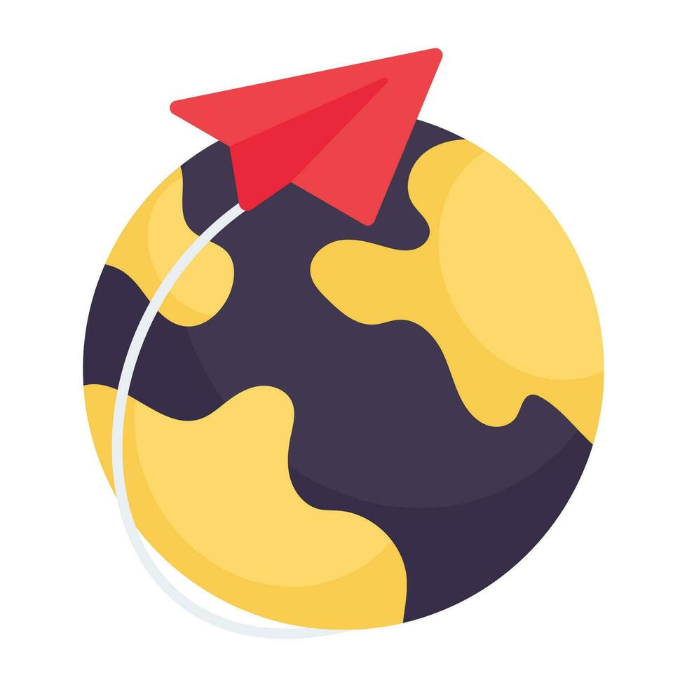 A colored design icon of paper plane with globe, global perspective vector