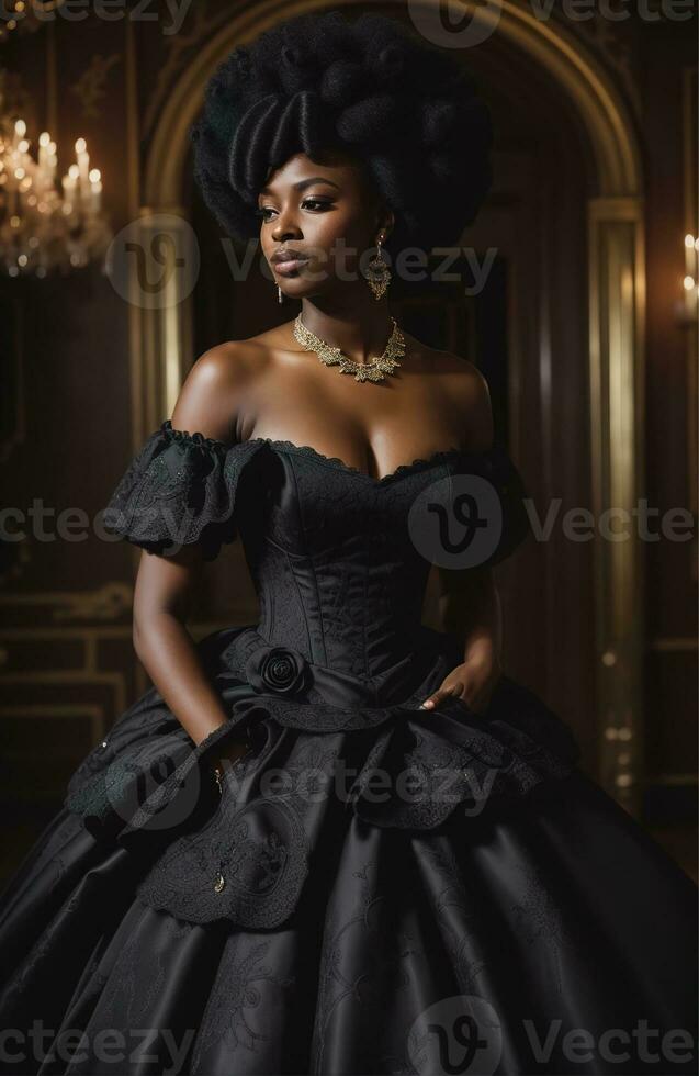 AI generated Beautiful african american woman wearing black dress and jewellery. ai generative. ai generative photo