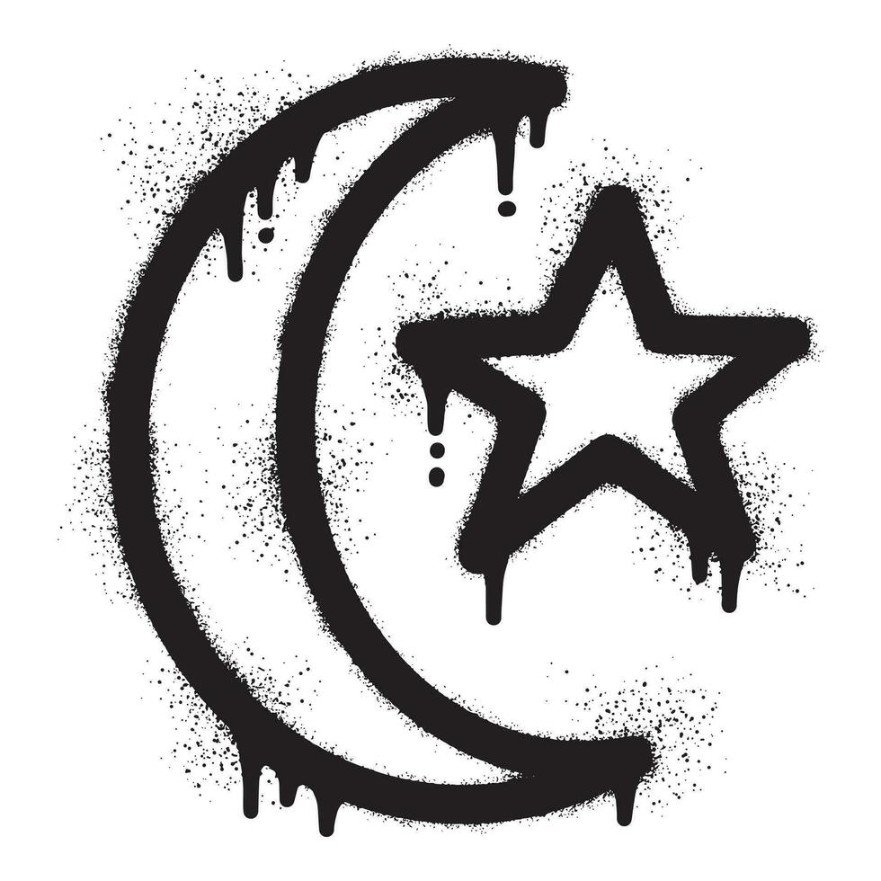 Crescent moon and star graffiti drawn with black spray paint vector