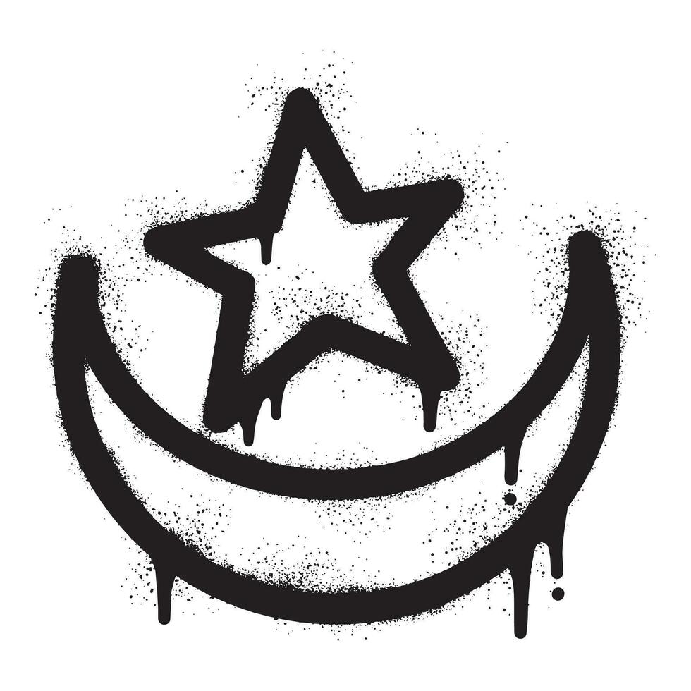 Crescent moon and star graffiti drawn with black spray paint vector