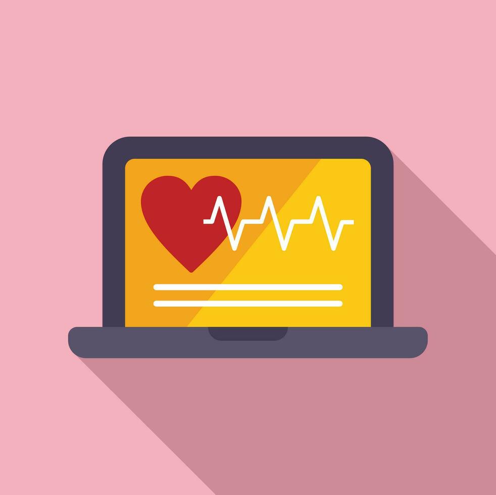 Heart rate laptop icon flat vector. Palpitating aid attack vector