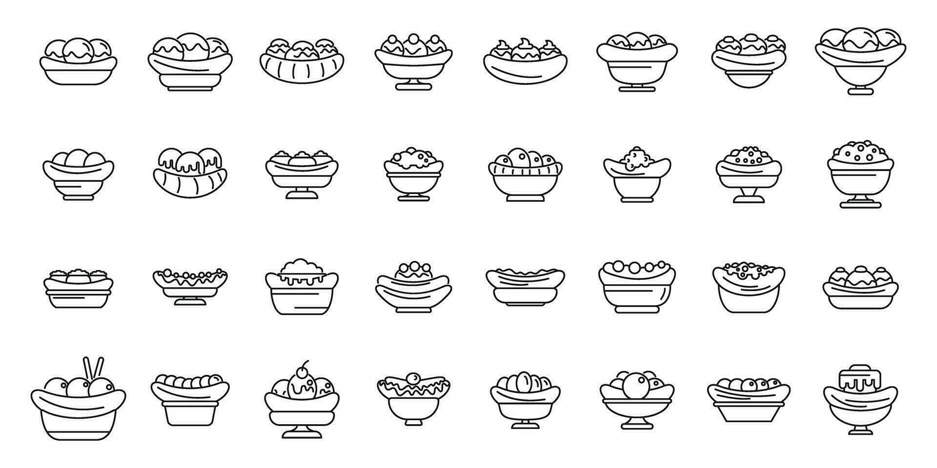 Banana split icons set outline vector. Cream calories dessert vector