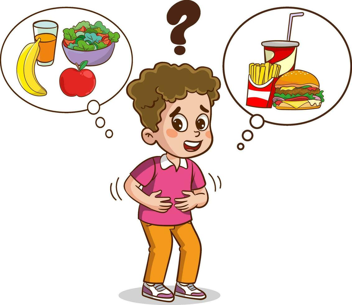 Cute boy was thinking of choosing between junk food or healthy food. Vector illustration