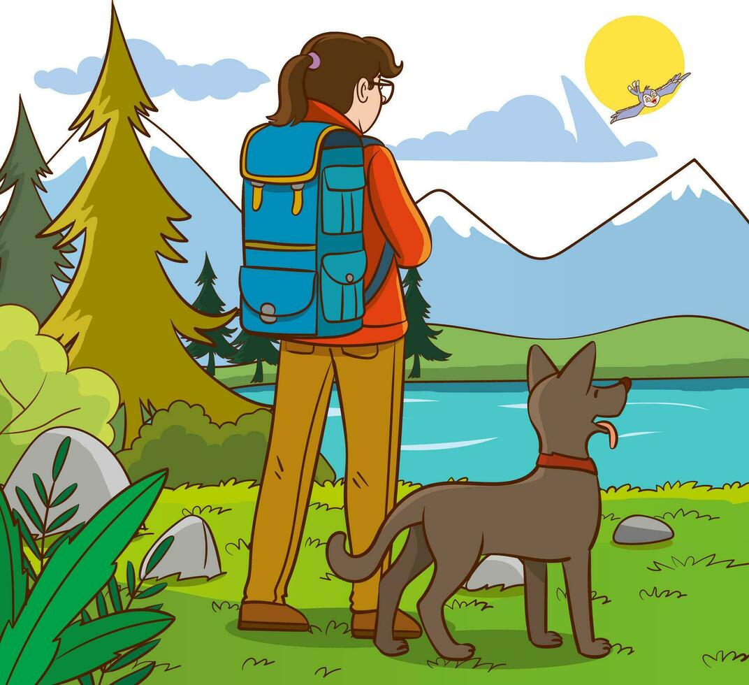 Hiker with backpack and dog in the park. Vector illustration.