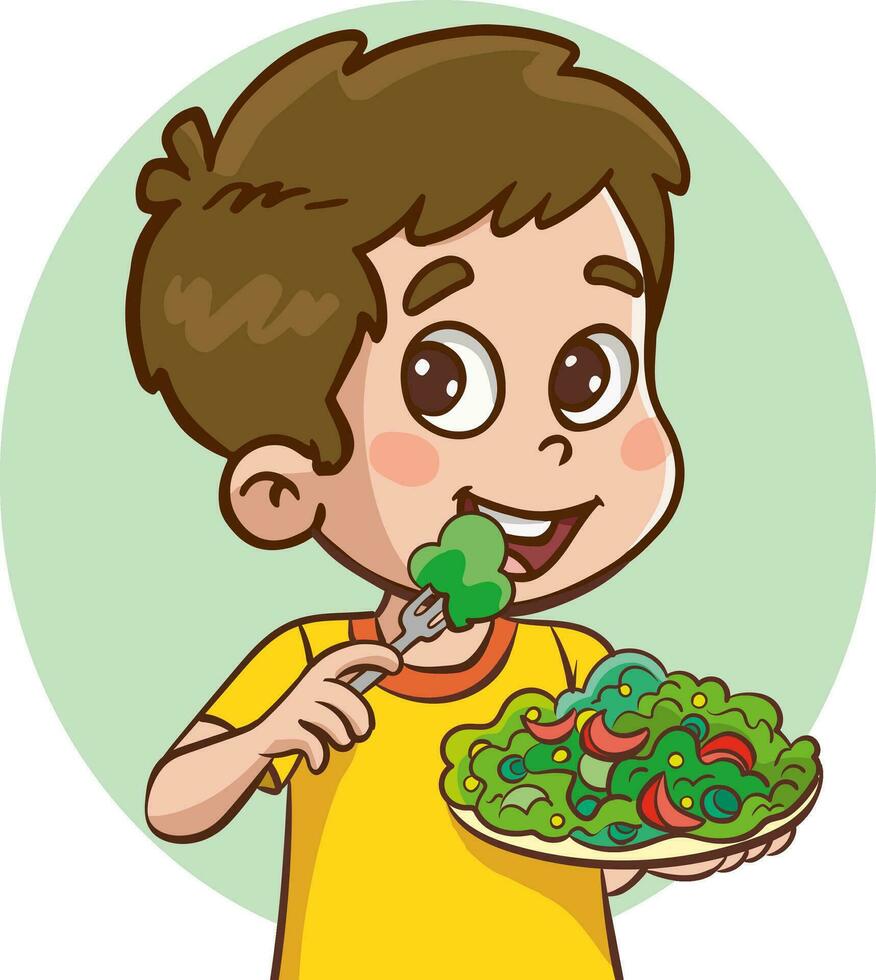 vector illustration of boy eating salad