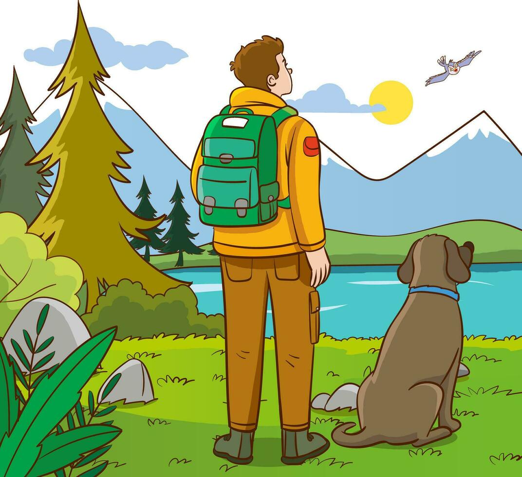 Hiker with backpack and dog in the park. Vector illustration.