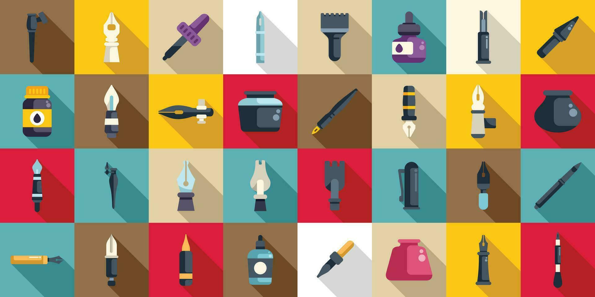 Dip pen tools icons set flat vector. Artwork ink vector