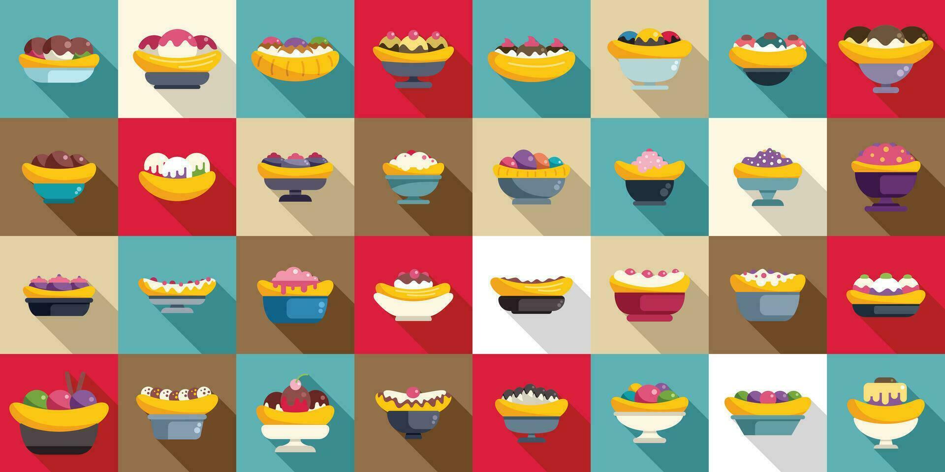 Banana split icons set flat vector. Cream calories dessert vector