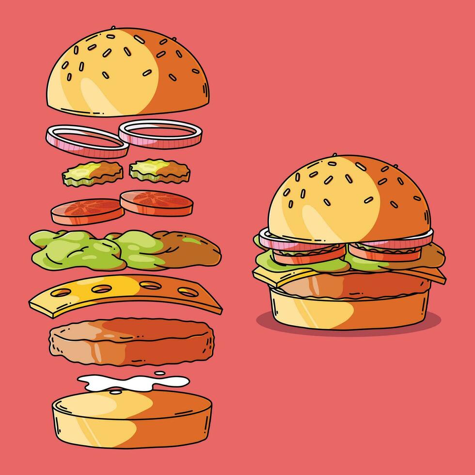 Deconstructed burger vector illustration. Fast food, brand design concept.
