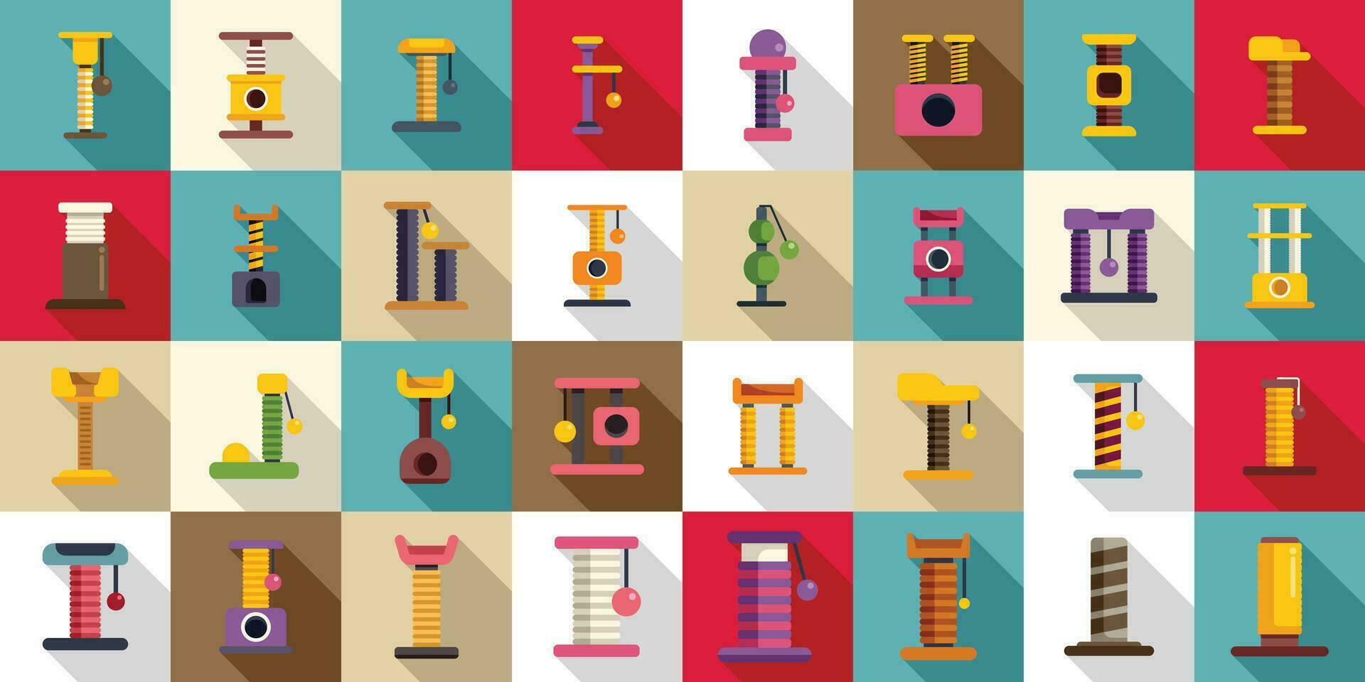 Cats scratching post icons set flat vector. Tower play vector