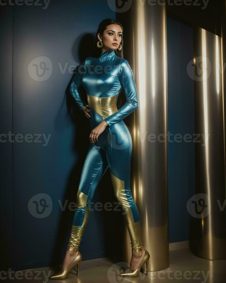 AI generated Beautiful young brunette woman in a blue latex suit posing in the studio. ai generative photo