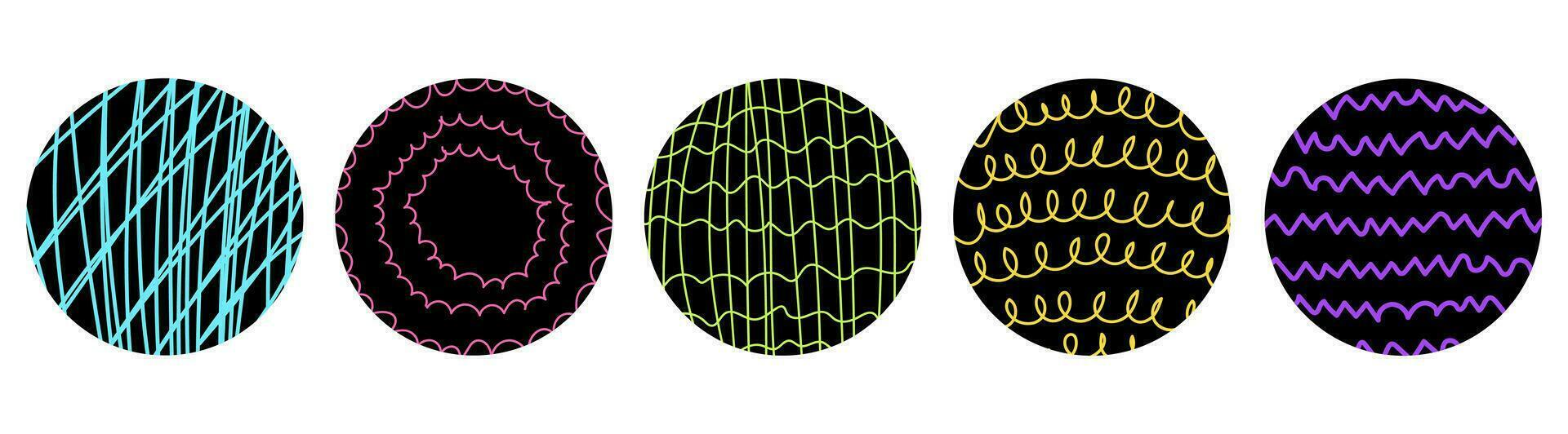 Vector Naive Doodle Patterns.Colored round stickers with hand-drawn pencil textures. Cross hatching