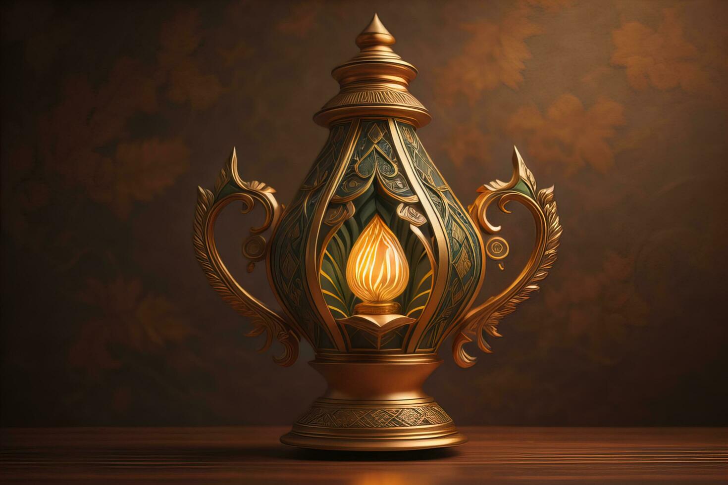 AI generated Lantern on a wooden table and a dark background. ai generative photo