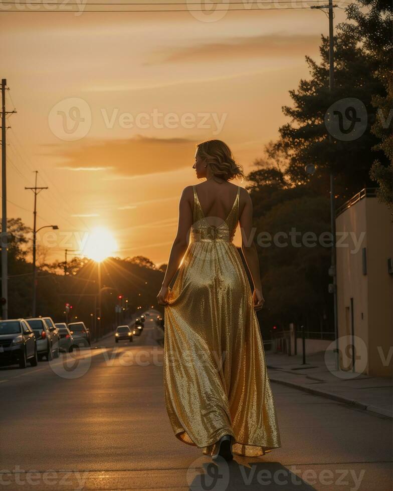 AI generated Beautiful young woman in a long yellow dress walking on the street at sunset. ai generative photo